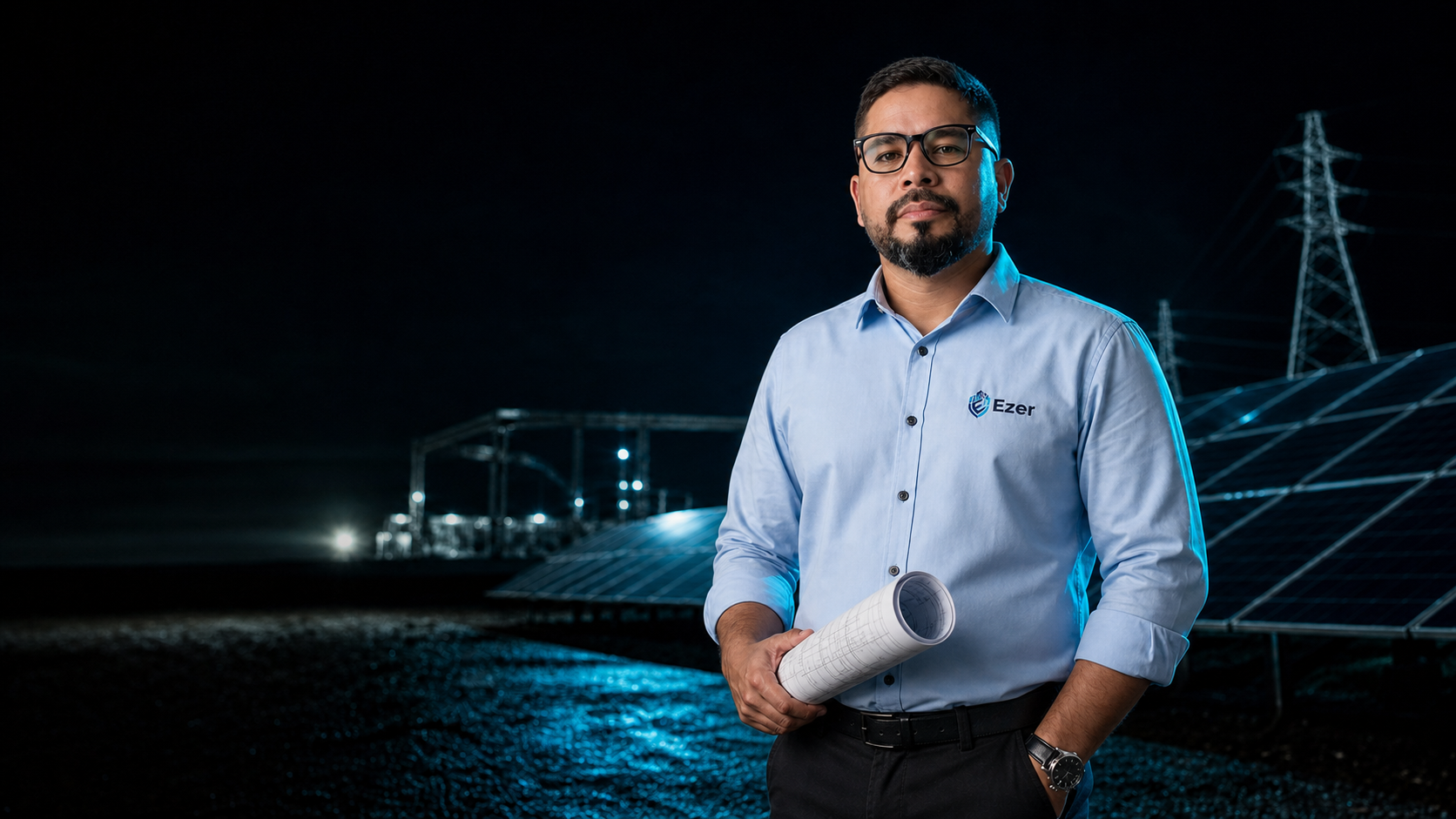 Engenheiro da Ezer em campo diante de uma instala&ccedil;&atilde;o solar